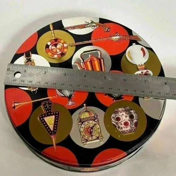 Fabulous 60s Huntley Boorne Biscuit tin orange & black  with antique items theme - Picture 7 of 7